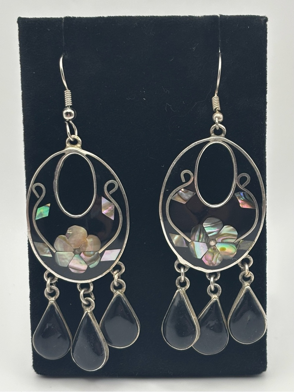 Vintage Mexican Alpaca Abalone & Mother Of Pearl Black Enamel Drop Earrings